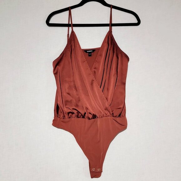 Express Plunge Bodysuit Top Womens Medium Rust Satin V-Neck Spaghetti Strap - Picture 1 of 5